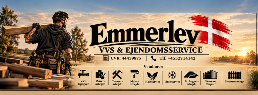 Emmerlev VVS & Ejendomsservice – banner med håndværker og dansk flag